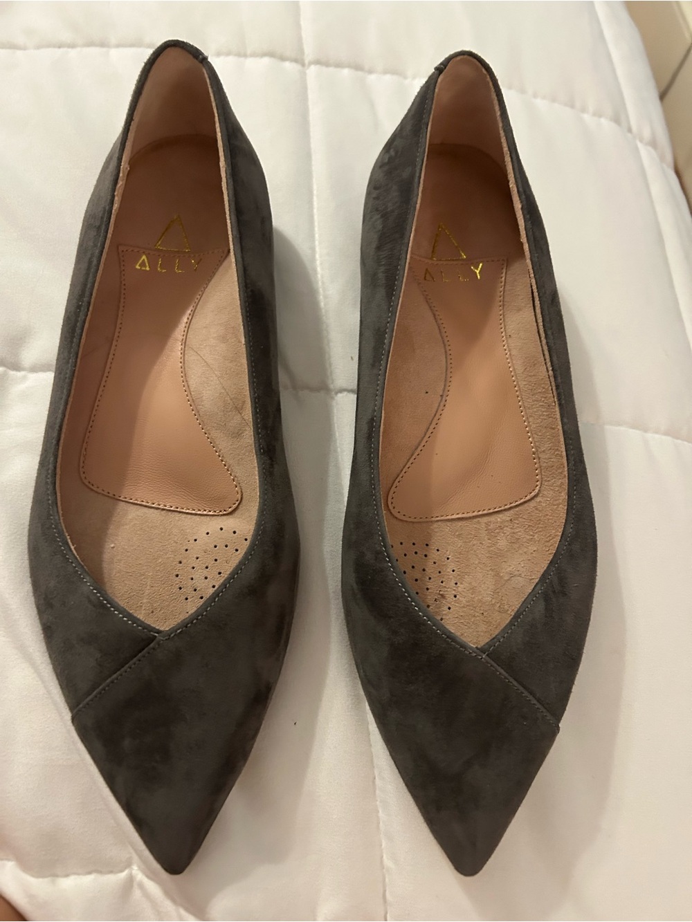 ALLY Suede Pointed-Toe Flats in Charcoal Gray